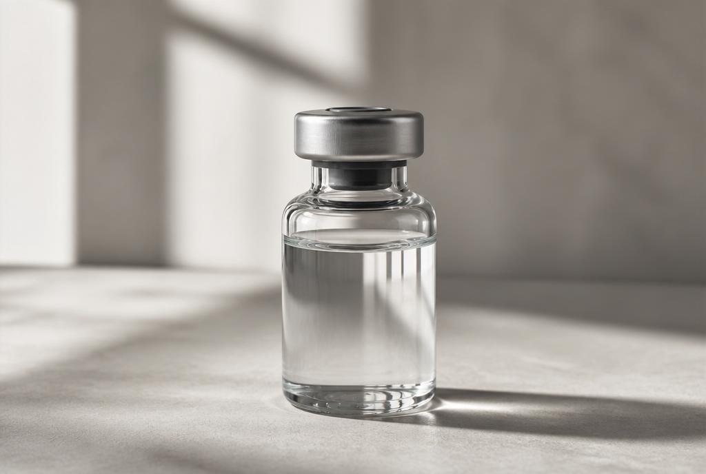 Minimal medical vial in a sunlit clinical setting